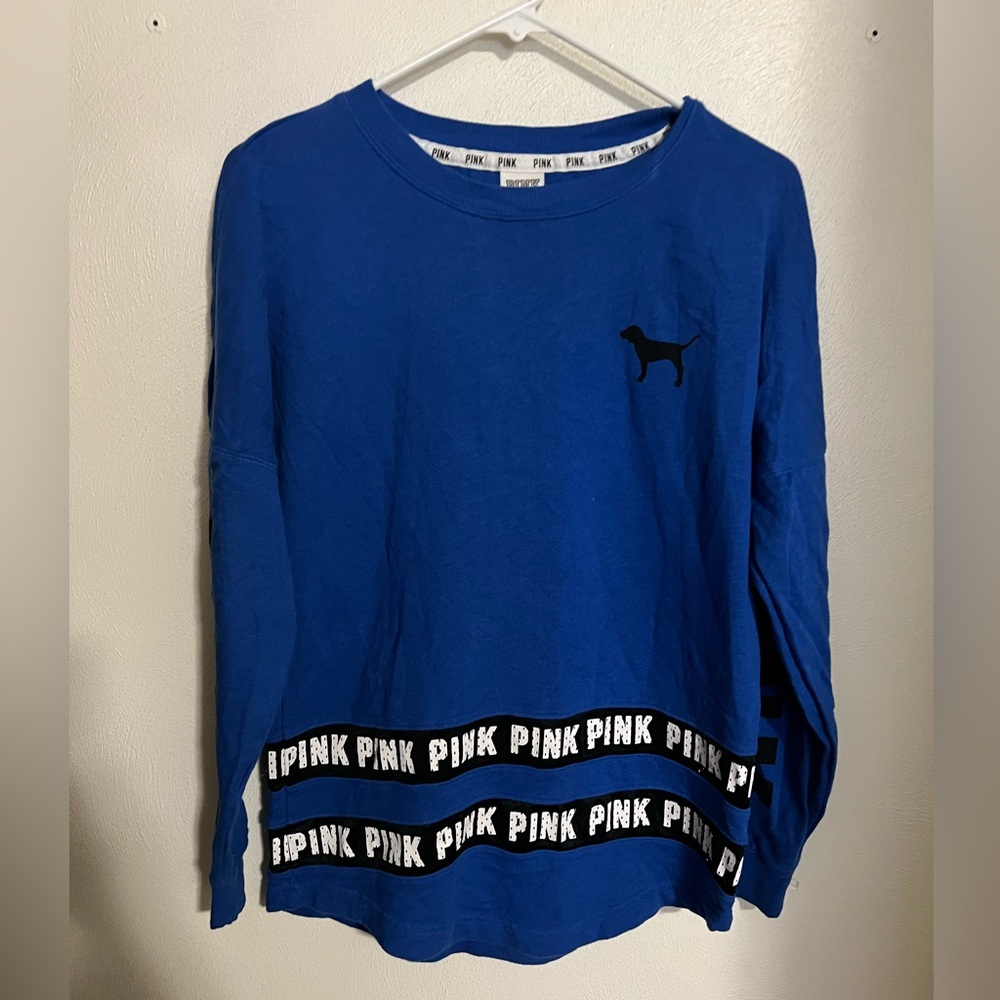 VICTORIA'S SECRET PINK Classic Logo‎ Graphic Long Sleeve T Shirt Blue Women's XS